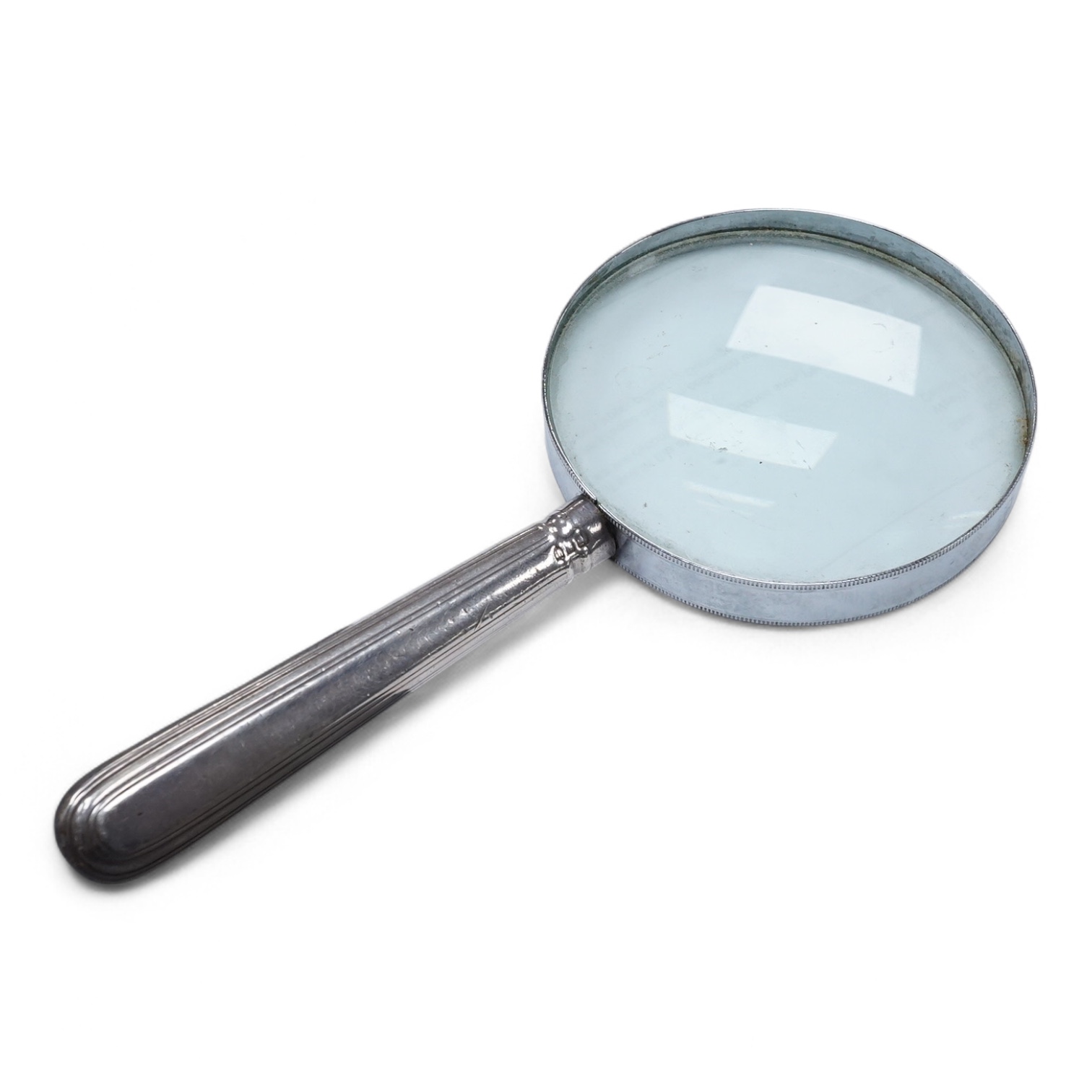 A chrome magnifying glass, later added to a knife handle, handle by Goldsmiths & Silversmiths Co Ltd, London, 1894, 21.7cm.